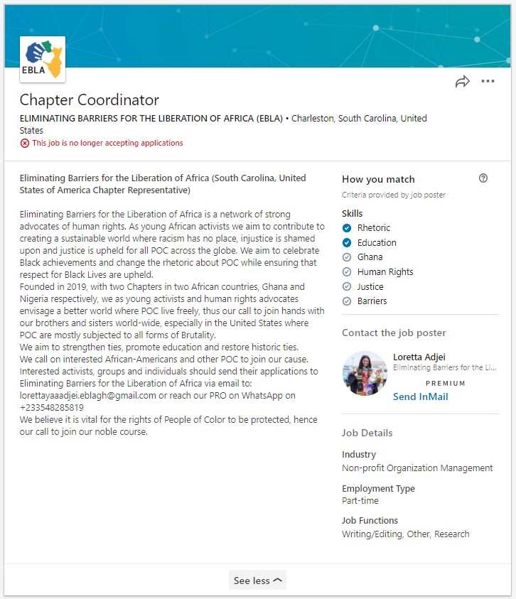 Screenshot of Ghana organization job posting in Charleston